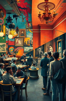 A surreal scene depicting a restaurant that embodies dissonance, with clashing colors, chaotic arrangements of tables and chairs, and vibrant, abstract art adorning the walls