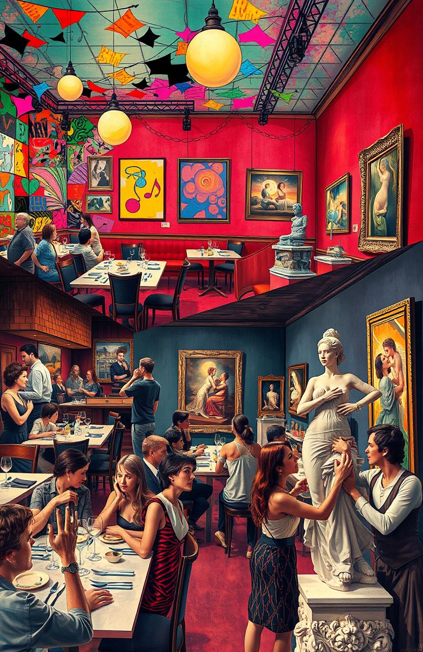 A surreal scene depicting a restaurant that embodies dissonance, with clashing colors, chaotic arrangements of tables and chairs, and vibrant, abstract art adorning the walls