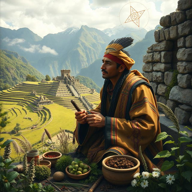 A detailed depiction of ancient Inca medicine practices, featuring a skilled Inca healer dressed in traditional attire