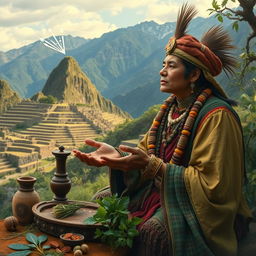 A detailed depiction of ancient Inca medicine practices, featuring a skilled Inca healer dressed in traditional attire