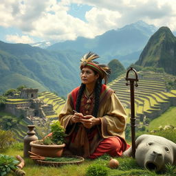 A detailed depiction of ancient Inca medicine practices, featuring a skilled Inca healer dressed in traditional attire