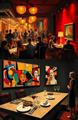 A vibrant restaurant filled with eager patrons and an atmosphere of desire, featuring elegantly dressed couples enjoying gourmet cuisine, dim romantic lighting casting soft shadows, and a table with exquisite dishes artfully presented