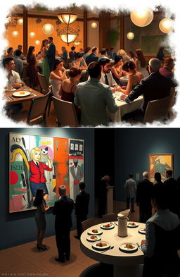 A vibrant restaurant filled with eager patrons and an atmosphere of desire, featuring elegantly dressed couples enjoying gourmet cuisine, dim romantic lighting casting soft shadows, and a table with exquisite dishes artfully presented