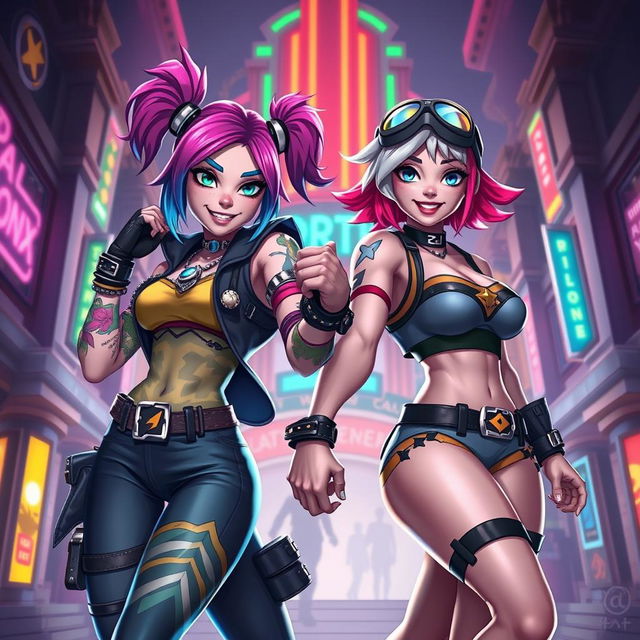 Jinx and Vi from Arcane, two strong female characters, are holding hands in a dynamic and playful pose