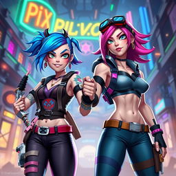 Jinx and Vi from Arcane, two strong female characters, are holding hands in a dynamic and playful pose