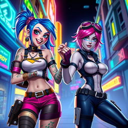 Jinx and Vi from Arcane, two strong female characters, are holding hands in a dynamic and playful pose