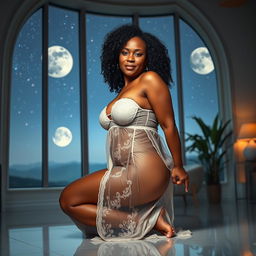 A full-body image of a beautiful mature African American woman aged 50, with curly black hair, showcasing a well-toned and curvy physique