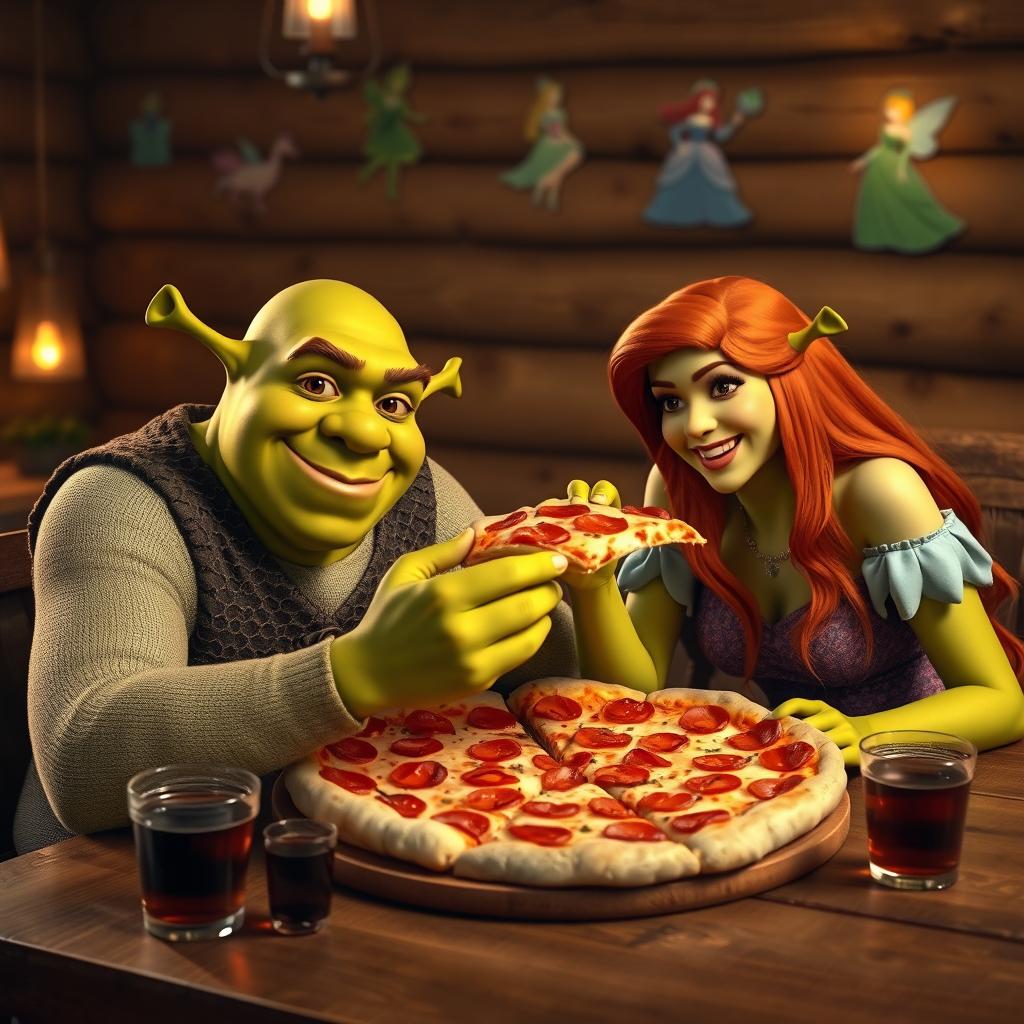 Shrek and Fiona sitting together at a wooden table in a cozy, rustic setting, joyfully sharing a large pepperoni pizza