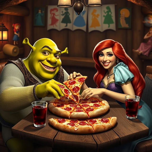 Shrek and Fiona sitting together at a wooden table in a cozy, rustic setting, joyfully sharing a large pepperoni pizza