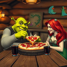 Shrek and Fiona sitting together at a wooden table in a cozy, rustic setting, joyfully sharing a large pepperoni pizza