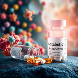 A visual representation of a vibrant, detailed scene illustrating a close-up of bacteria, depicted as colorful and various shapes, signifying an infection