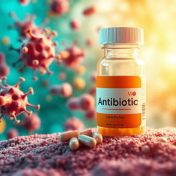 A visual representation of a vibrant, detailed scene illustrating a close-up of bacteria, depicted as colorful and various shapes, signifying an infection