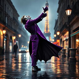 The Joker and Batman dancing together in the rain on the streets of Paris, illuminated by the soft glow of streetlights