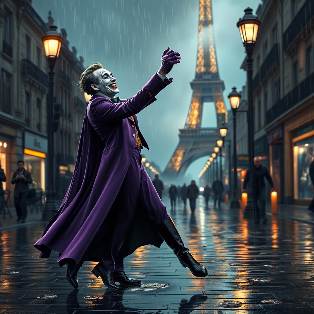 The Joker and Batman dancing together in the rain on the streets of Paris, illuminated by the soft glow of streetlights