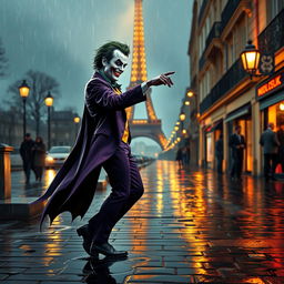 The Joker and Batman dancing together in the rain on the streets of Paris, illuminated by the soft glow of streetlights