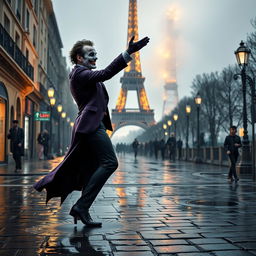 The Joker and Batman dancing together in the rain on the streets of Paris, illuminated by the soft glow of streetlights