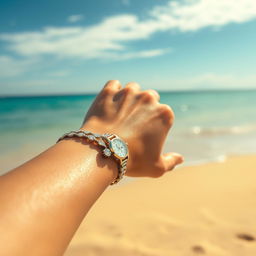 A close-up shot of a wrist adorned with elegant jewelry, set against a vibrant beach background