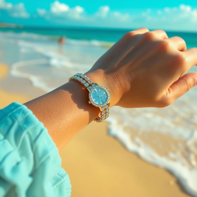 A close-up shot of a wrist adorned with elegant jewelry, set against a vibrant beach background