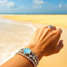 A close-up shot of a wrist adorned with elegant jewelry, set against a vibrant beach background