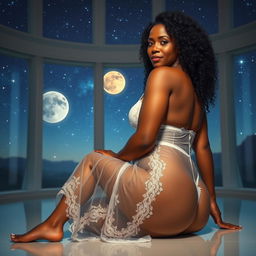 A full-body image of a beautiful mature African American woman aged 50, with curly black hair, showcasing a well-toned and curvy physique