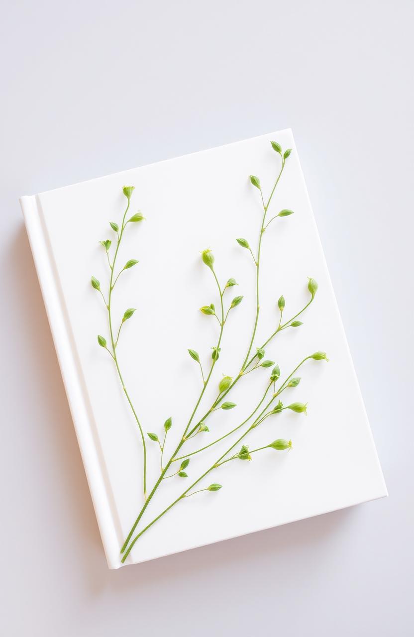 A beautifully designed white cover with delicate green plant stems artistically arranged across the surface