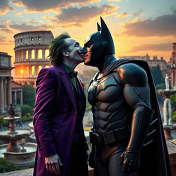 The Joker leaning in to kiss Batman on the cheek in a picturesque Roman setting, with ancient ruins and a sunset casting a warm glow