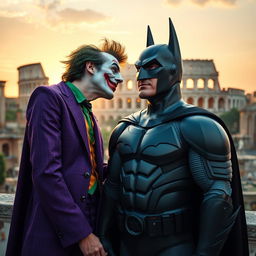 The Joker leaning in to kiss Batman on the cheek in a picturesque Roman setting, with ancient ruins and a sunset casting a warm glow