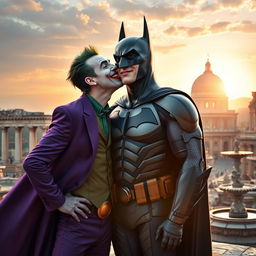 The Joker leaning in to kiss Batman on the cheek in a picturesque Roman setting, with ancient ruins and a sunset casting a warm glow