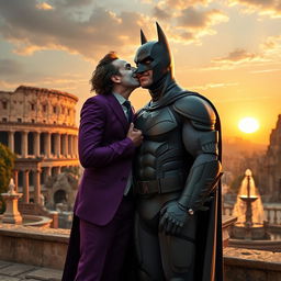 The Joker leaning in to kiss Batman on the cheek in a picturesque Roman setting, with ancient ruins and a sunset casting a warm glow