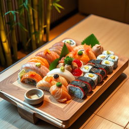 An appealing, vibrant sushi platter displayed elegantly on a traditional Japanese wooden board