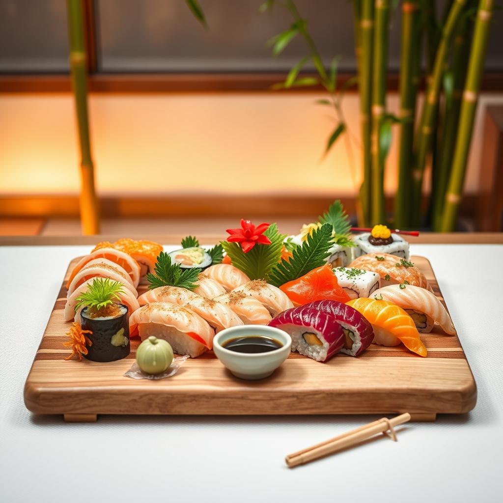 An appealing, vibrant sushi platter displayed elegantly on a traditional Japanese wooden board