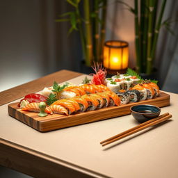 An appealing, vibrant sushi platter displayed elegantly on a traditional Japanese wooden board