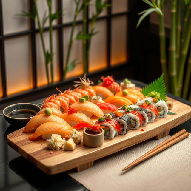 An appealing, vibrant sushi platter displayed elegantly on a traditional Japanese wooden board