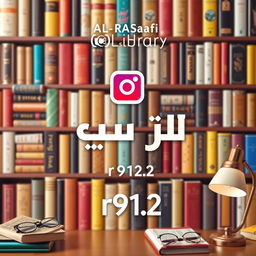 A vibrant Instagram advertisement for Al-Rasafi Library featuring the Instagram logo prominently positioned