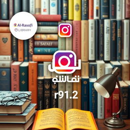 A vibrant Instagram advertisement for Al-Rasafi Library featuring the Instagram logo prominently positioned