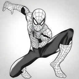 A high-quality, intricate, black and white line art featuring Spider-Man in a dynamic pose