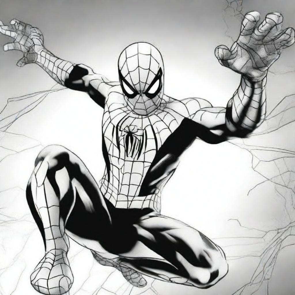 A high-quality, intricate, black and white line art featuring Spider-Man in a dynamic pose