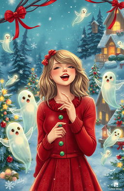 A whimsical illustration of Taylor Swift surrounded by playful Christmas ghosts inspired by classic holiday tales