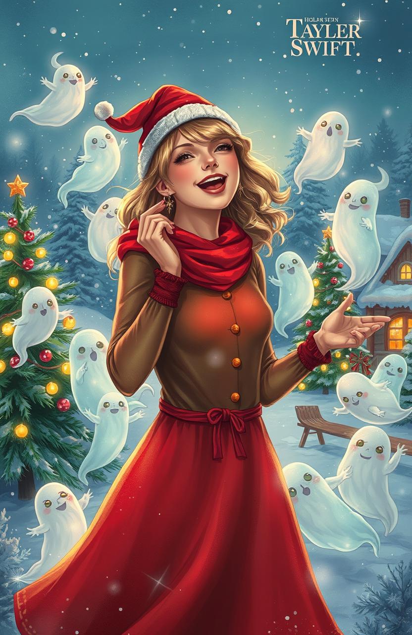 A whimsical illustration of Taylor Swift surrounded by playful Christmas ghosts inspired by classic holiday tales