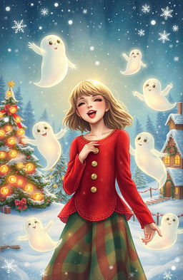 A whimsical illustration of Taylor Swift surrounded by playful Christmas ghosts inspired by classic holiday tales