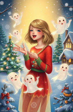 A whimsical illustration of Taylor Swift surrounded by playful Christmas ghosts inspired by classic holiday tales