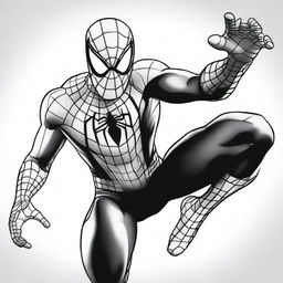 A high-quality, intricate, black and white line art featuring Spider-Man in a dynamic pose