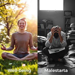 A split image depicting contrasting emotions of well-being and discomfort