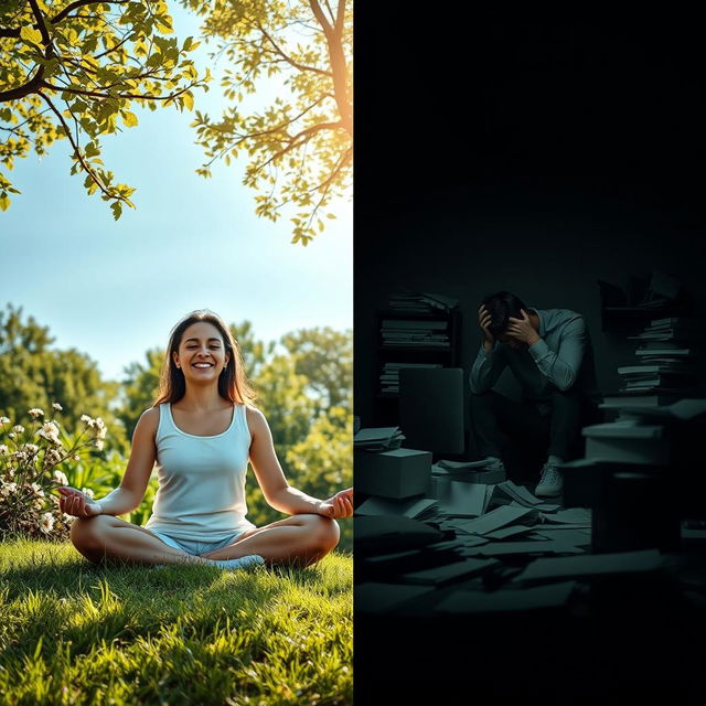 A split image depicting contrasting emotions of well-being and discomfort