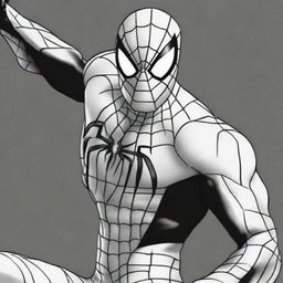 A high-quality, intricate, black and white line art featuring Spider-Man in a dynamic pose