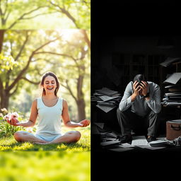 A split image depicting contrasting emotions of well-being and discomfort