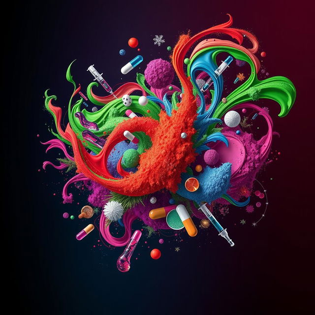 An abstract representation of the concept of drugs, showcasing vibrant and colorful elements that symbolize various substances