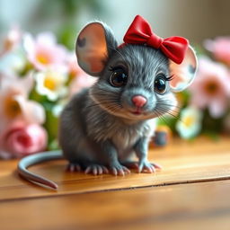 A cute and whimsical gray mouse with big expressive eyes, wearing a bright red bow on its head