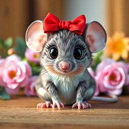 A cute and whimsical gray mouse with big expressive eyes, wearing a bright red bow on its head