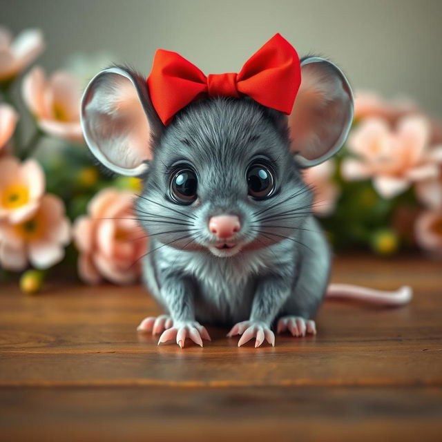 A cute and whimsical gray mouse with big expressive eyes, wearing a bright red bow on its head